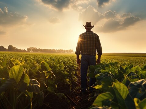 A farmer in a field examining crops, representing the economic impact of agriculture.