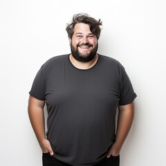 Happy fat man in casual wear and with beard stands on white background, looks into camera and smiles. Cheerful big body positive guy - obrazy, fototapety, plakaty