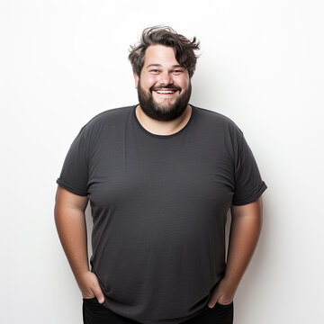 Happy fat man in casual wear and with beard stands on white background, looks into camera and smiles. Cheerful big body positive guy