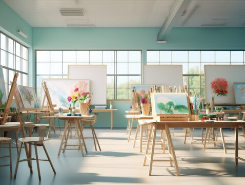 An art classroom with easels, paintbrushes, and a serene atmosphere. - Powered by Adobe