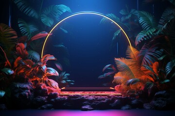 Glowing Neon Border Embracing Abstract Palm Leaves - obrazy, fototapety, plakaty