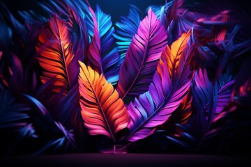 Fototapeta na wymiar Glowing Neon Border Embracing Abstract Palm Leaves