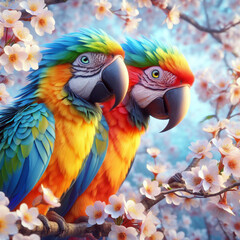 Closeup of colorful parrots in spring