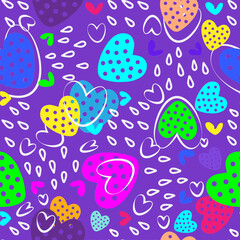 purple  seamless pattern with colorful  hearts and doodles