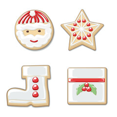 vector illustration of christmas cookies with white sugar fields decorated with red, yellow and green lines and dots forming Santa Claus's head, bells, stars, gift boxes, boots