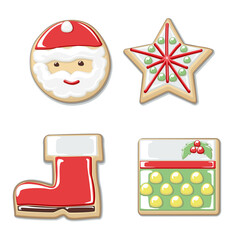 vector illustration of Christmas cookies decorated with white, red, yellow and green sugar fields forming Santa Claus's head, bells, stars, gift boxes, boots