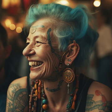 Creative grandmother, portrait of an elderly woman with tattoos and piercings on her face and multi-colored hair, close up 