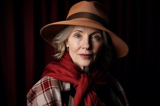 Portrait Of A Beautiful Senior Woman In Hat And Scarf On Stage