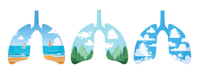 Cartoon clean lungs. Green planet lungs metaphor, human healthy lungs with nature clouds and leaves. Environment care concept flat vector illustration set