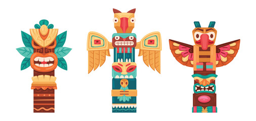 Cartoon ritual wooden statues. Ethnic tiki totems, hawaiian and african traditional sculptures, Native african or indian figures flat vector illustration set. Aboriginal pole totems