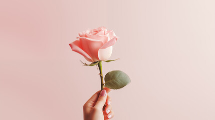 A female hand holds a beautiful pink rose on a light background. Floral concept. Valentine's Day. Romantic gift - Powered by Adobe