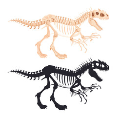 Dino skeleton silhouettes. Predator raptor fossil bones, ancient dinosaur silhouette flat vector illustration set. Jurassic reptile skeleton