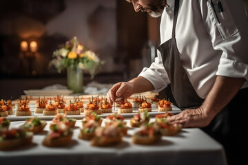 Man hands of a waiter prepare food for a buffet table in a restaurant - Buffet day concept  - obrazy, fototapety, plakaty