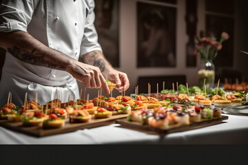 Man hands of a waiter prepare food for a buffet table in a restaurant - Buffet day concept 