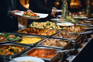 Not recognize group of people in catering buffet food indoor in luxury restaurant