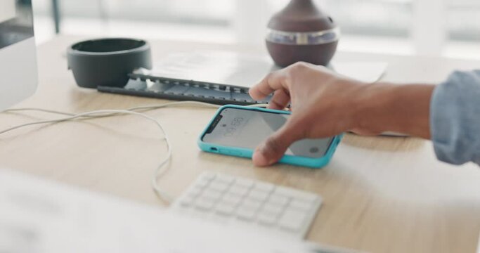 Black woman hands, finance documents and phone for digital marketing startup, advertising budget and company investment management. Zoom, office worker and employee with technology and kpi data paper