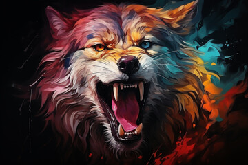 Painting of A wolf with its mouth open and it's mouth wide open - obrazy, fototapety, plakaty