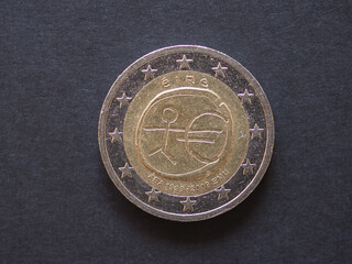 Irish 2 Euro coin obverse commemorating 10 years of EMU, currenc