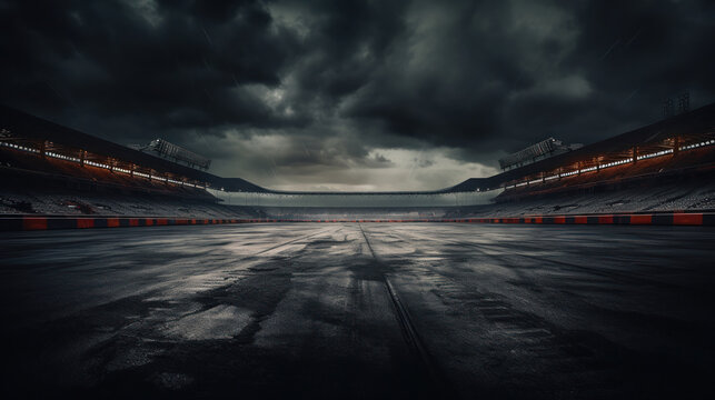 Foreboding clouds loom over the hushed raceway