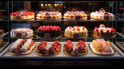Showcase in a candy store. A variety of sweet pastries.