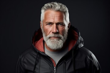 Portrait of a handsome senior man with grey beard and mustache wearing a black leather jacket.