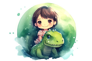 Cute child hugging a cute little dinosaur