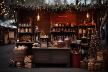 stall displaying treats and crafted goods on Christmas fair at snowy winter evening. with space for your greeting message