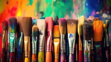 Fototapeta premium Colorful paintbrushes and paint, motley watercolor paint, brightly art, art school artistic drawing, multicolored batik multicolored design, creative exhibition art paint, luminous radiant craft