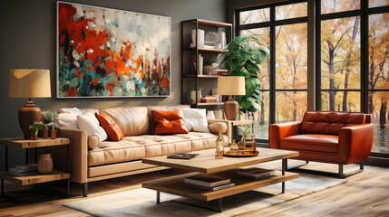 A well-lit living room with modern furniture, large windows revealing autumn foliage, and a vibrant abstract painting.Generative AI