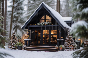 snowy front porch decorated to Christmas holidays. winter getaway cottage. travel destination