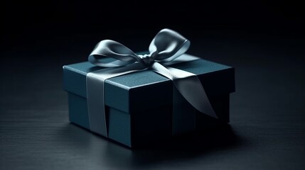 Small Luxury gift box with a blue bow on dark blue table. Side view monochrome. Surprise for father day. The concept of holiday surprise for New Year or Christmas. New Year concept. Decor concept.