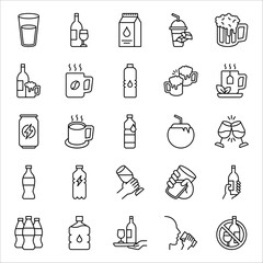 set of drinks icons, water, soft drink, alcohol, glass, vector illustration on white background