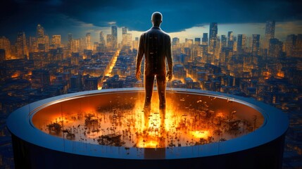 Ascendancy of the Digital WatcherSilhouette of a man overlooking a dystopian cityscape engulfed in flames from a high vantage point.Generative AI