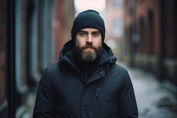 Fototapeta na wymiar Portrait of a bearded man in a black jacket and a hat.