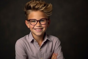 Fototapeta na wymiar Portrait of a cute little boy with glasses on a dark background