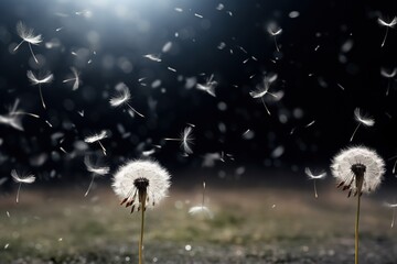 Dandelion seeds dispersing in a strong gust