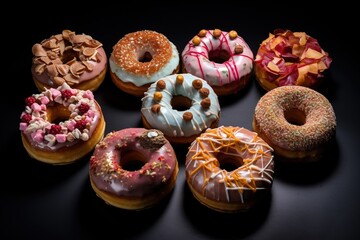 Donuts with various fillings cut in half, revealing interiors