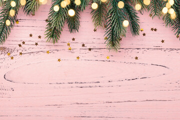 Christmas background with fir tree, holiday decorations