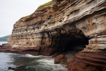 Eroded cliff face by the ocean, with visible layers and niches