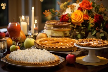 Elegant dessert table featuring pumpkin pie, apple tart, and other Thanksgiving treats