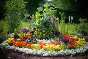 Edible flower bed with arranged patterns of herbs and blooms