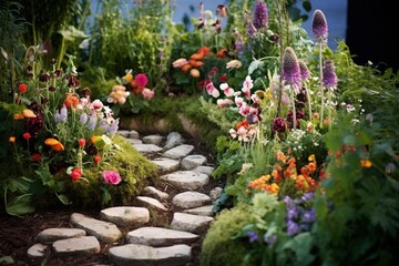 Obraz premium Edible flower bed with arranged patterns of herbs and blooms