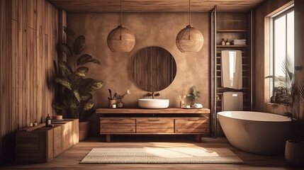 Cozy nomadic bathroom interior, 3d render. Decor concept. Real estate concept. Art concept. Bathroom concept. Stylist concept. 3d render concept - obrazy, fototapety, plakaty