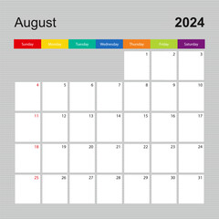 Calendar page for August 2024, wall planner with colorful design. Week starts on Sunday.