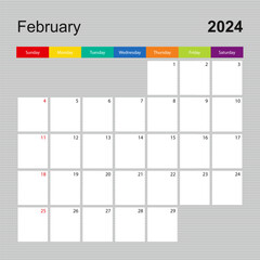 Calendar page for February 2024, wall planner with colorful design. Week starts on Sunday.