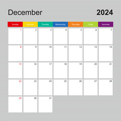 Calendar page for December 2024, wall planner with colorful design. Week starts on Sunday.