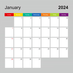 Calendar page for January 2024, wall planner with colorful design. Week starts on Sunday.