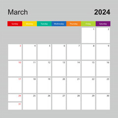 Calendar page for March 2024, wall planner with colorful design. Week starts on Sunday.