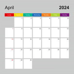 Calendar page for April 2024, wall planner with colorful design. Week starts on Sunday.