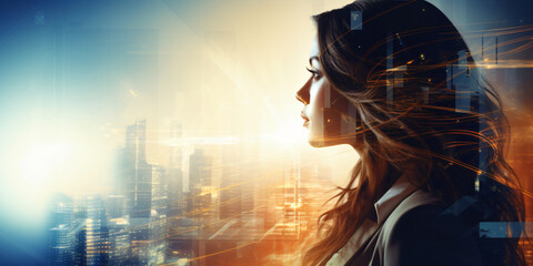 Young businesswoman with hair flying in the air over abstract technology background